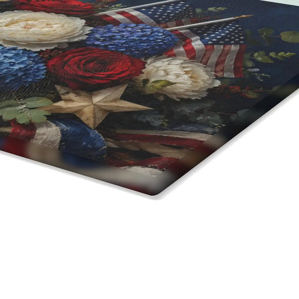 Patriotic Floral Cutting Board, American Flag Glass Cutting Board, Red White Blue Kitchen Decor, Americana Gift, 4th of July Decor