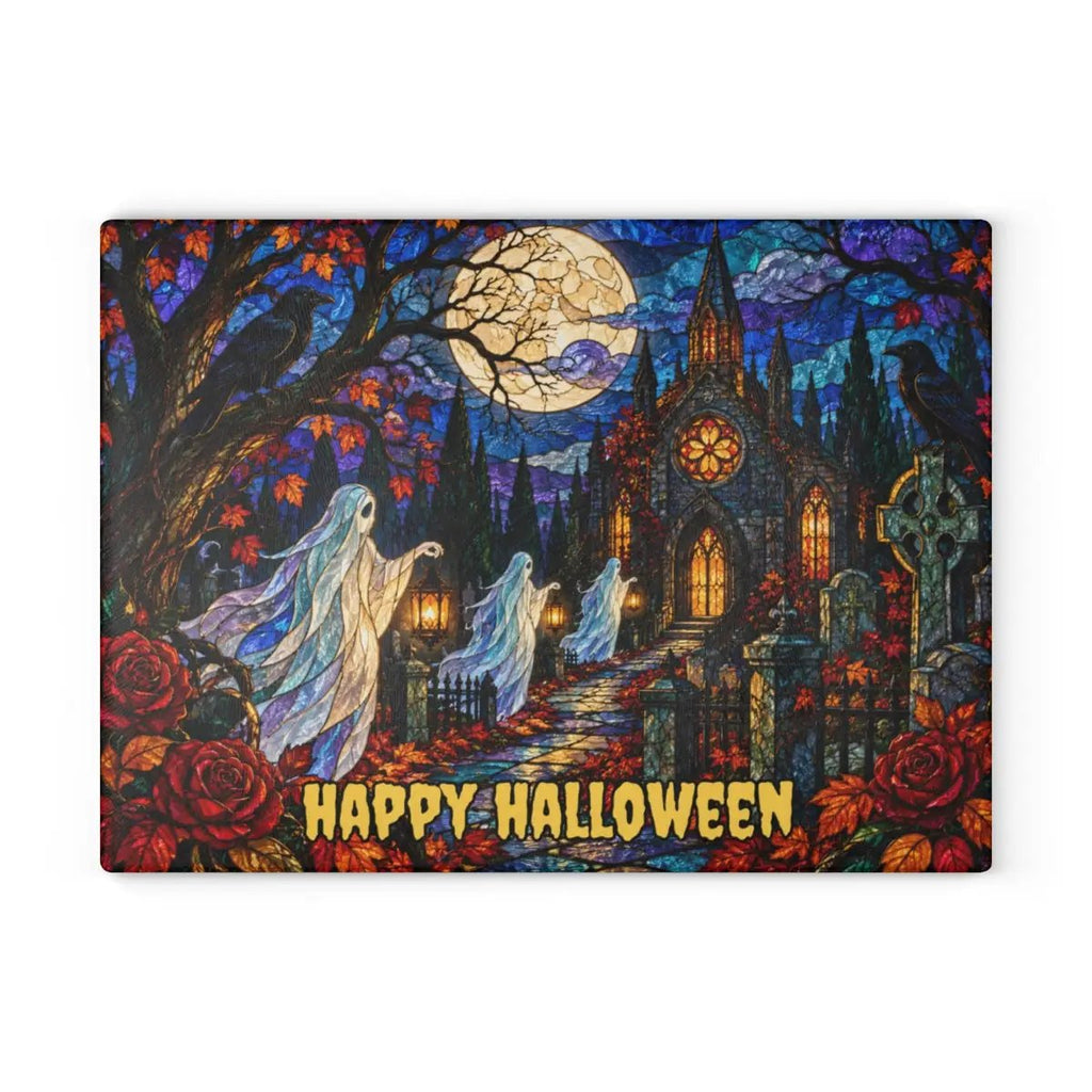 Halloween Ghost Personalized Glass Cutting Board, Haunted Graveyard Kitchen Decor