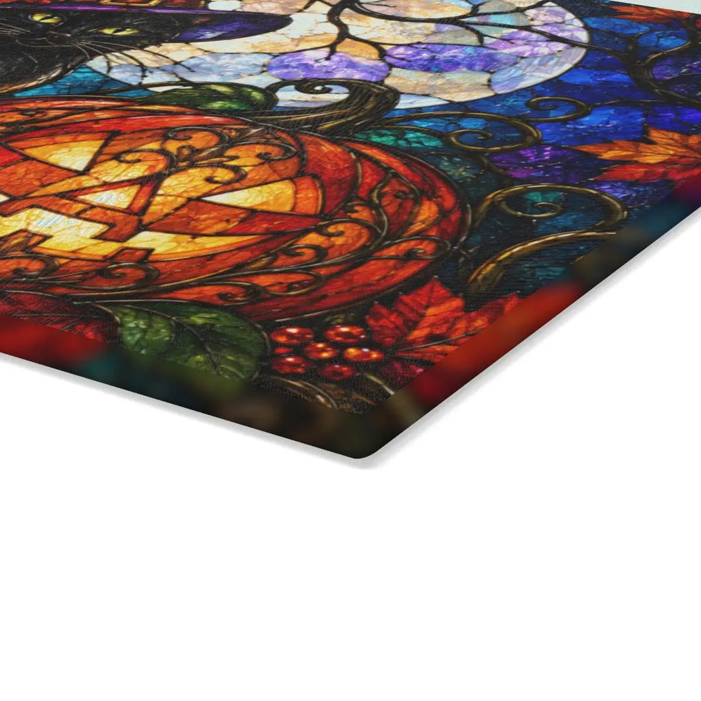 Halloween Black Witch Cat Personalized Glass Cutting Board, Spooky Pumpkin Kitchen Decor