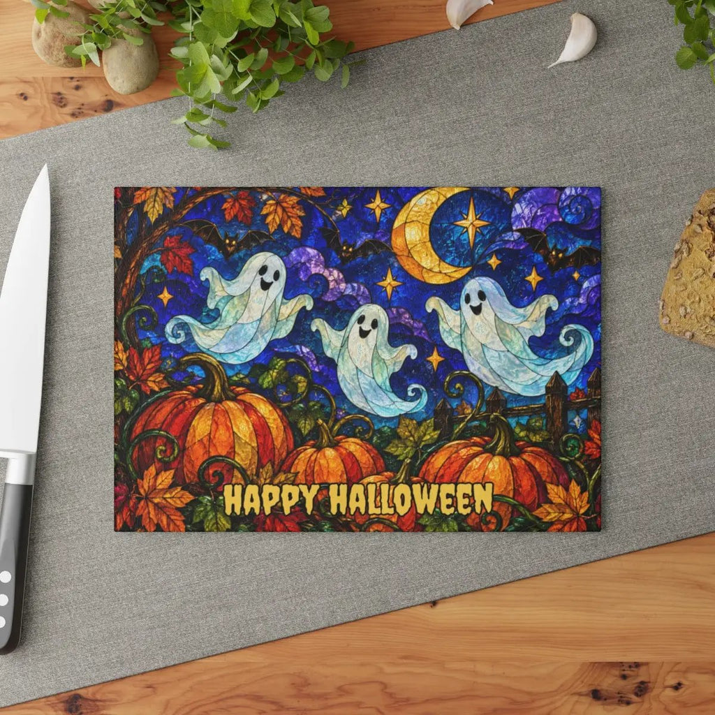 Halloween Ghosts Personalized Glass Cutting Board, Spooky Pumpkin Kitchen Decor