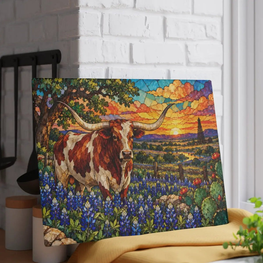 Texas Longhorn Glass Cutting Board, Bluebonnet Kitchen Decor, Texas Cow Gift, Western Kitchen Decor, Texas Housewarming Gift