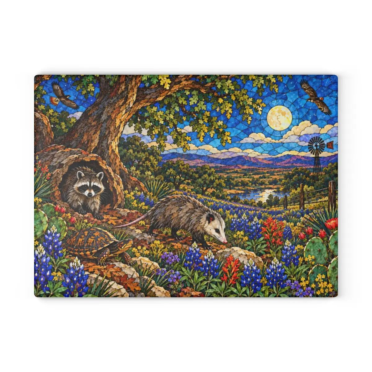 Raccoon and Possum Glass Cutting Board, Texas Wildlife Kitchen Decor, Opossum Raccoon Gift, Bluebonnet Country Cutting Board