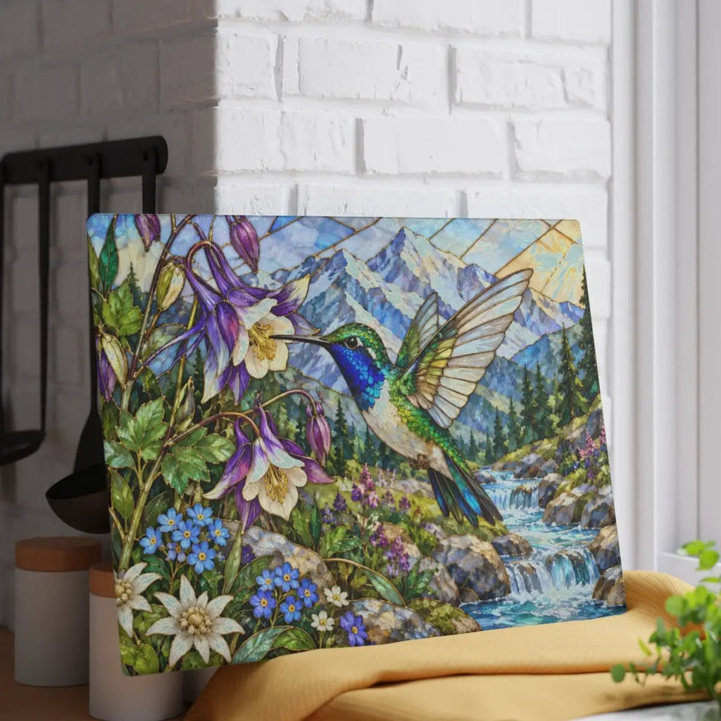 Hummingbird Glass Cutting Board, Stained Glass Mountain Art, Columbine Flower Kitchen Decor, Bird Lover Gift, Alpine Nature Cutting Board