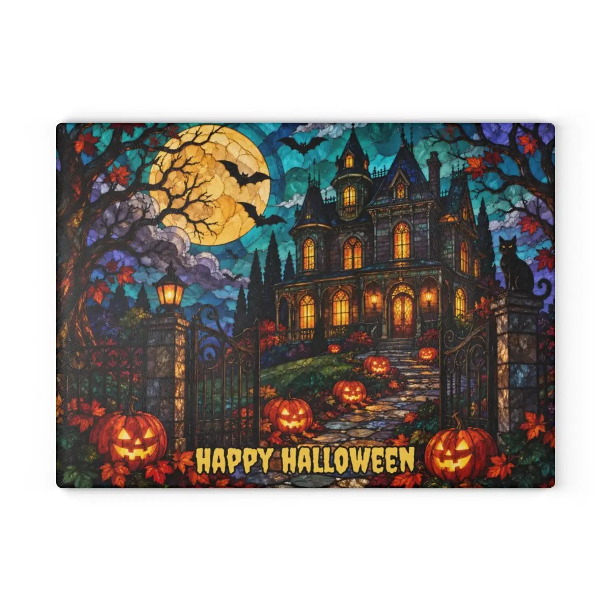 Halloween Haunted Mansion Personalized Glass Cutting Board, Spooky Pumpkin Kitchen Decor