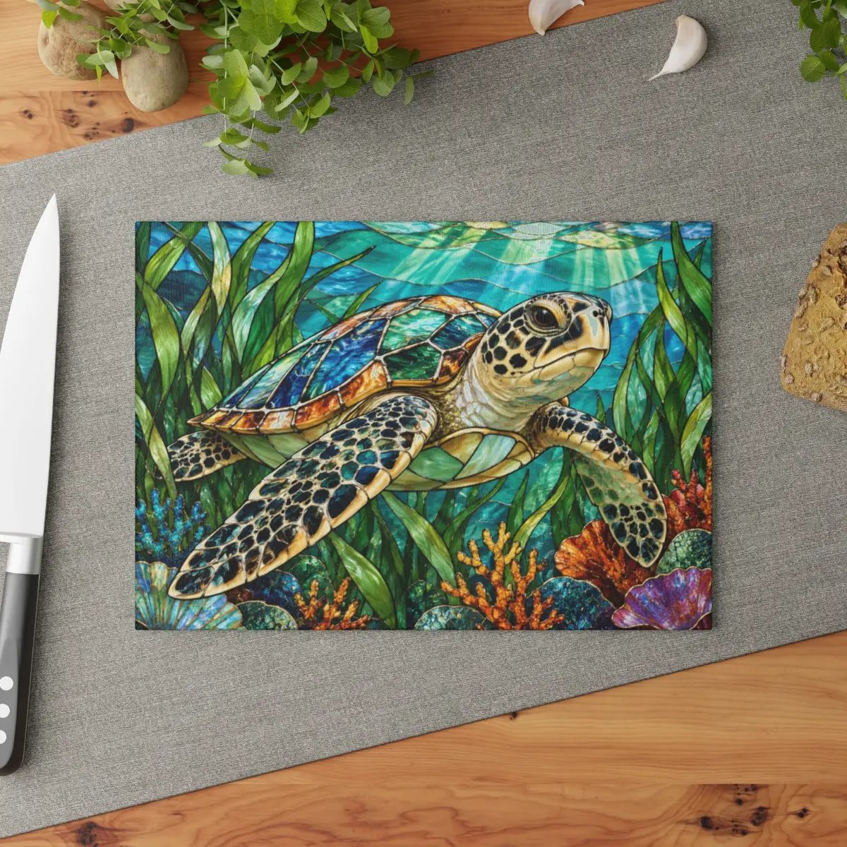 Sea Turtle Glass Cutting Board, Ocean Kitchen Decor, Marine Life Chopping Board, Coastal Cooking Gift, Underwater Turtle Artwork, Coral Reef