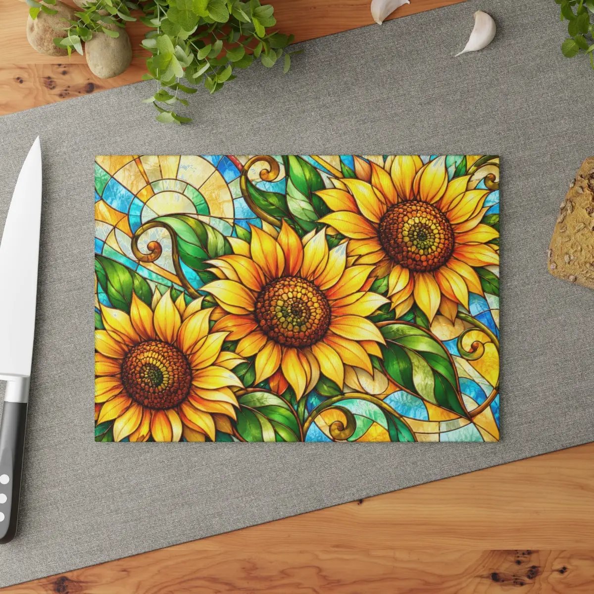Sunflower Glass Cutting Board, Stained Glass Floral Kitchen Decor, Art Nouveau Sunflower Board, Yellow Flower Gift, Colorful Kitchen Art
