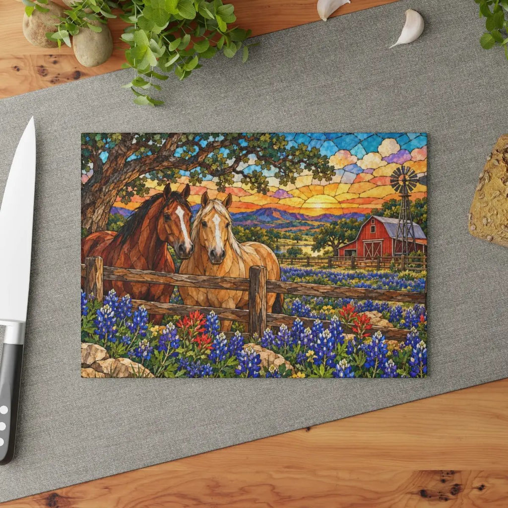 Bluebonnet Ranch Glass Cutting Board, Texas Horse Kitchen Decor, Bluebonnet Gift, Western Ranch Decor, Stained Glass Style Cutting Board