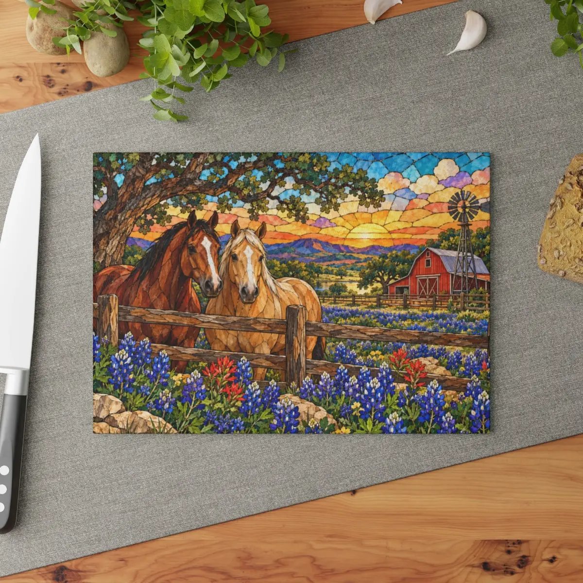 Bluebonnet Ranch Glass Cutting Board, Texas Horse Kitchen Decor, Bluebonnet Gift, Western Ranch Decor, Stained Glass Style Cutting Board