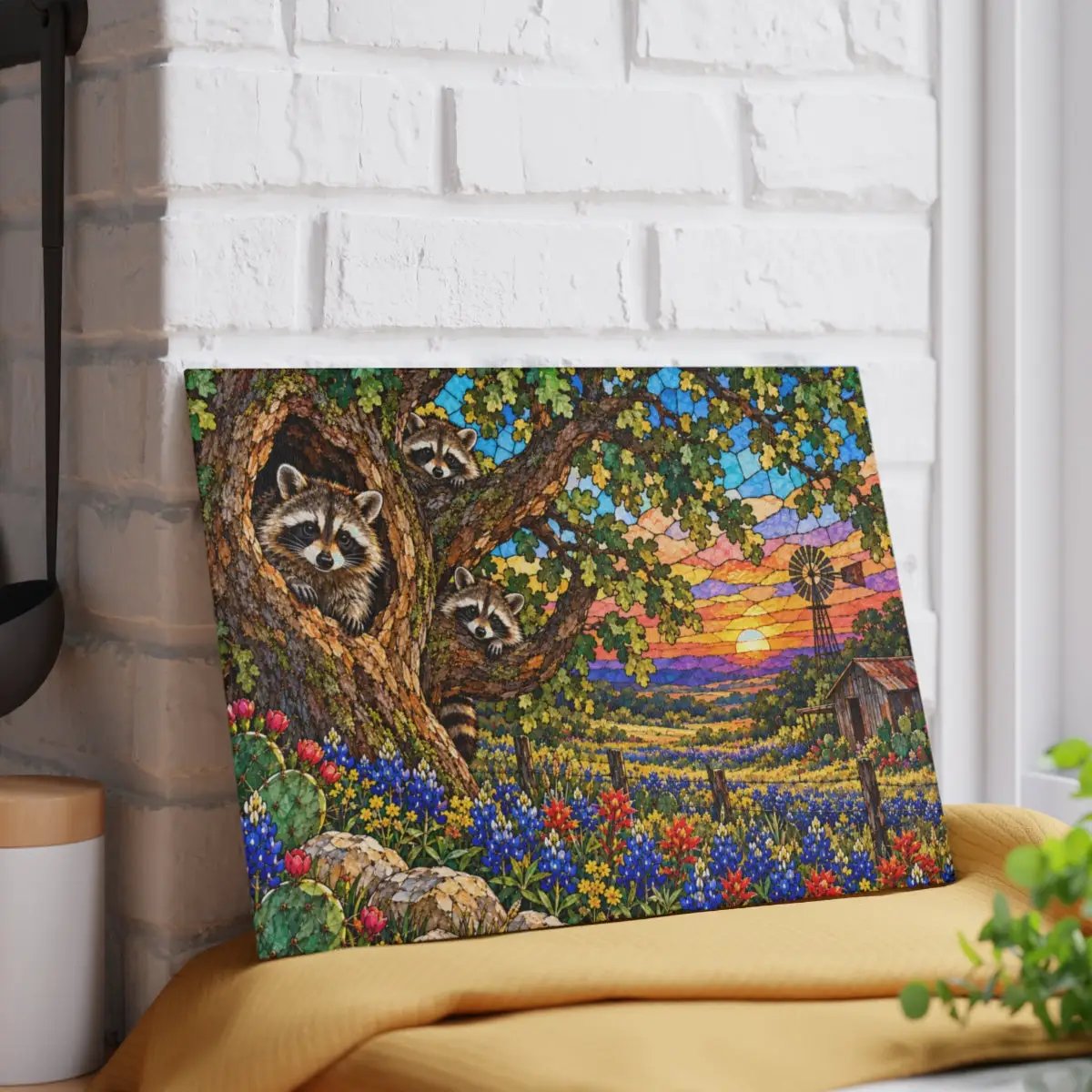 Raccoon Family Glass Cutting Board, Raccoon Lover Gift, Texas Bluebonnet Kitchen Decor, Country Wildlife Cutting Board, Rustic Farmhouse Gift
