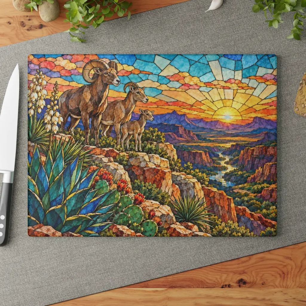 Bighorn Sheep Glass Cutting Board, Texas Wildlife Kitchen Decor, Stained Glass Desert Landscape, Southwestern Cutting Board, Wildlife Gift