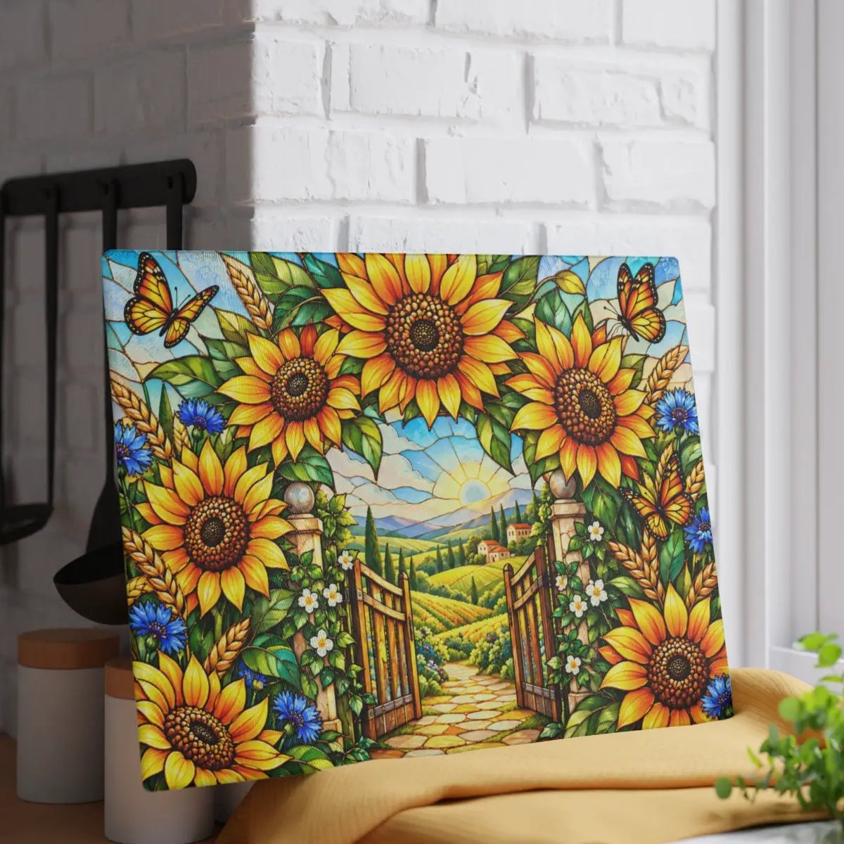 Sunflower Glass Cutting Board, Garden Gate Kitchen Decor, Stained Glass Floral Art, Sunflower Housewarming Gift, Cottage Garden Decor
