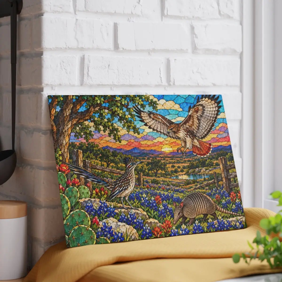 Texas Wildlife Glass Cutting Board, Roadrunner, Armadillo, Hawk Art, Bluebonnet Kitchen Decor, Hill Country Gift, Texas Wildlife Decor