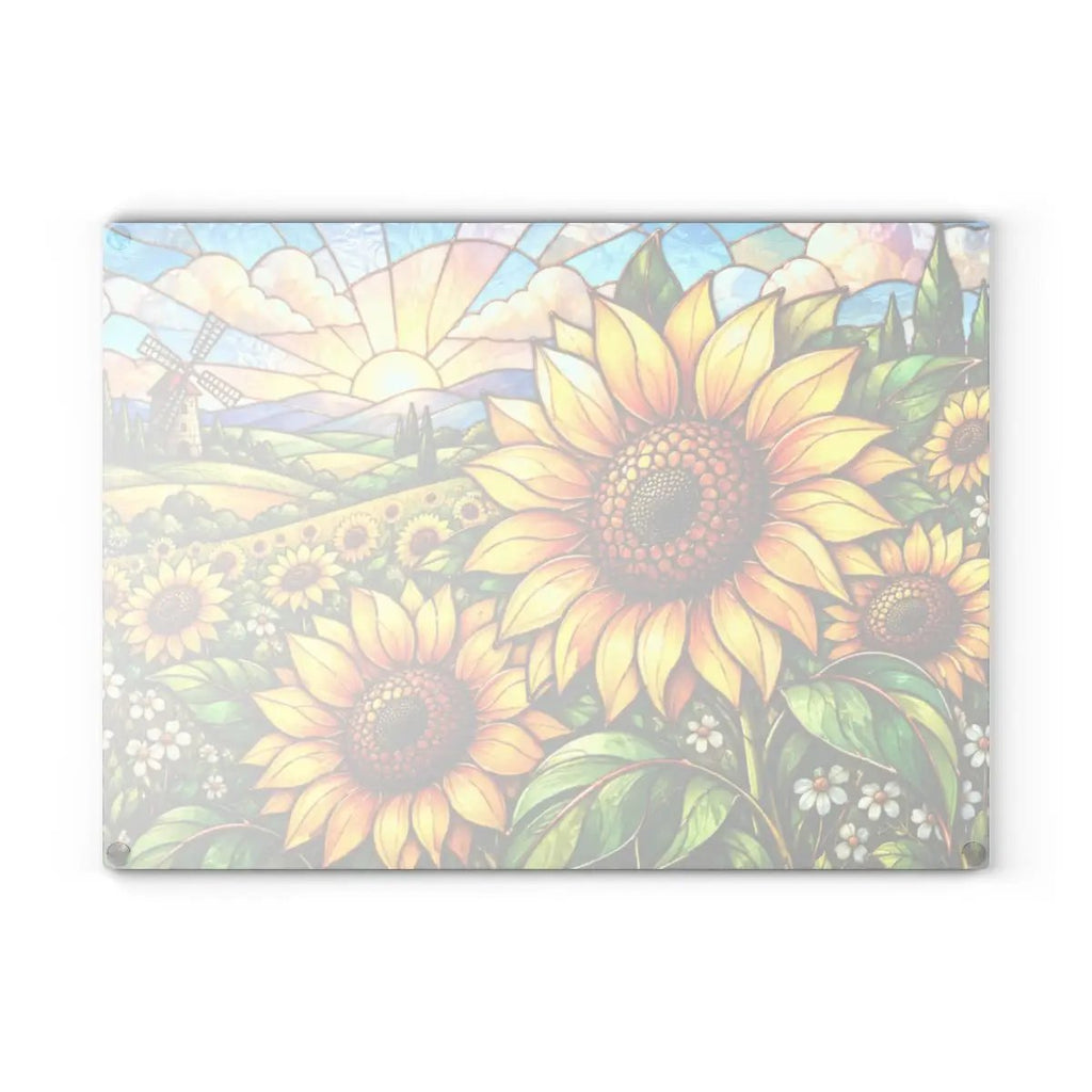 Sunflower Glass Cutting Board, Windmill Kitchen Decor, Sunflower Meadow Cutting Board, Country Floral Gift, Stained Glass Kitchen Art