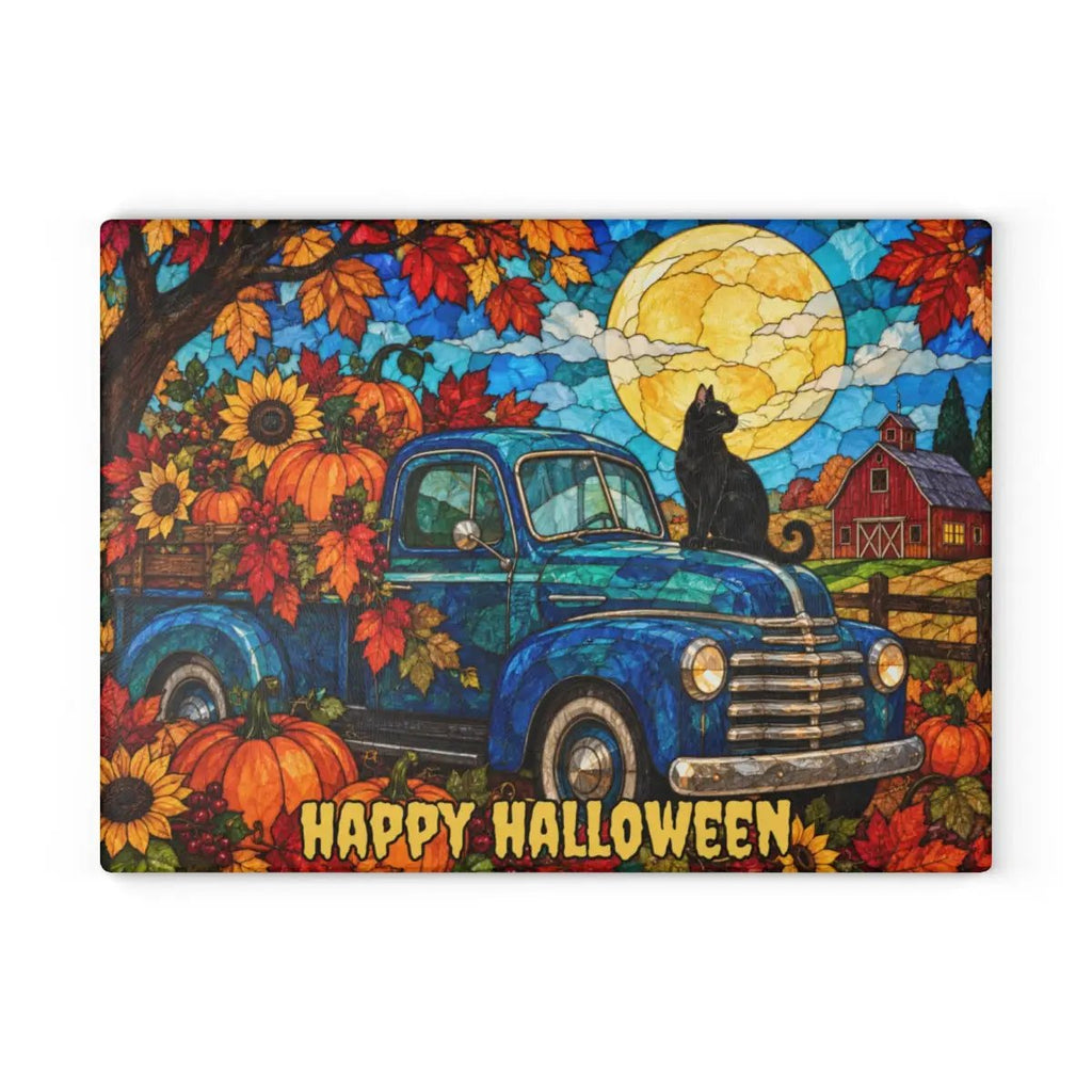 Halloween Fall Truck Personalized Glass Cutting Board, Spooky Pumpkin Kitchen Decor