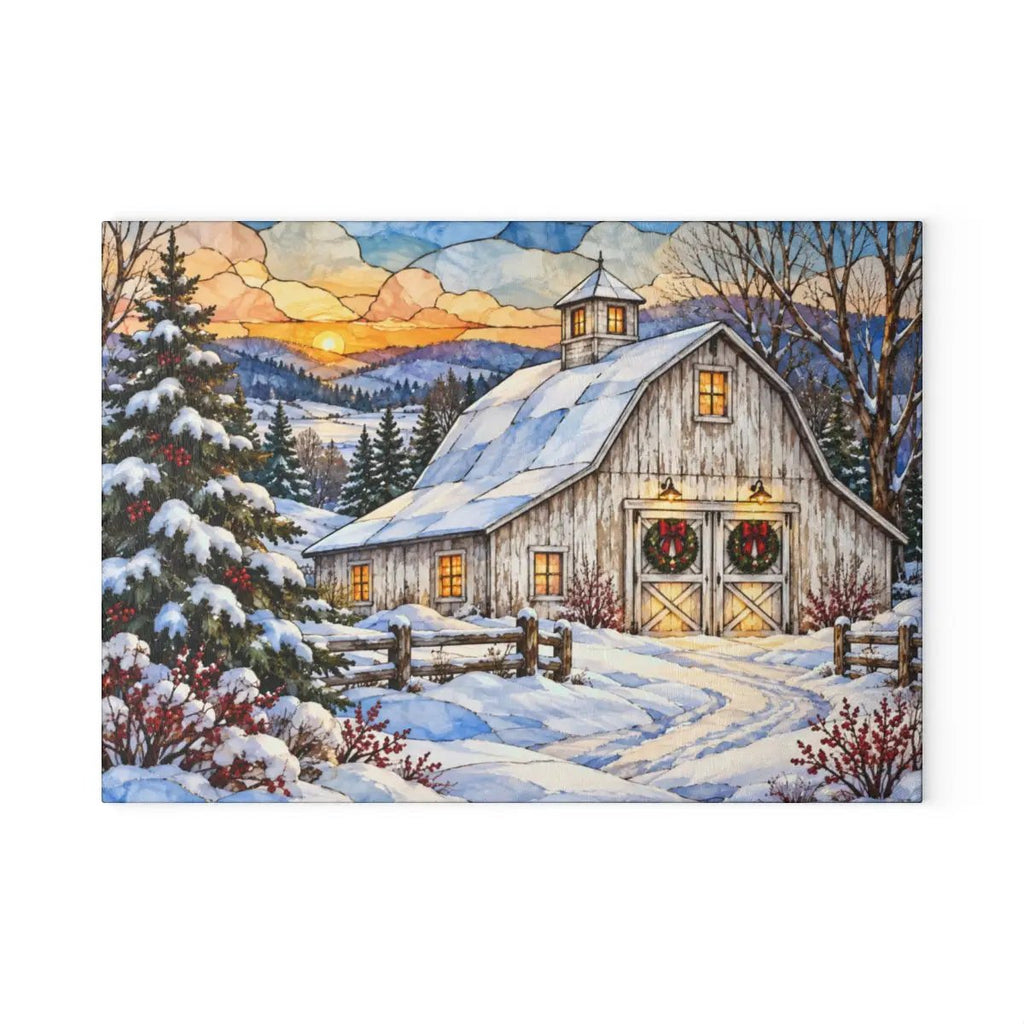 Personalized Winter Barn Cutting Board, Country Farmhouse Kitchen Decor, Stained Glass Farm Scene, Rustic Christmas Gift, Custom Family Gift