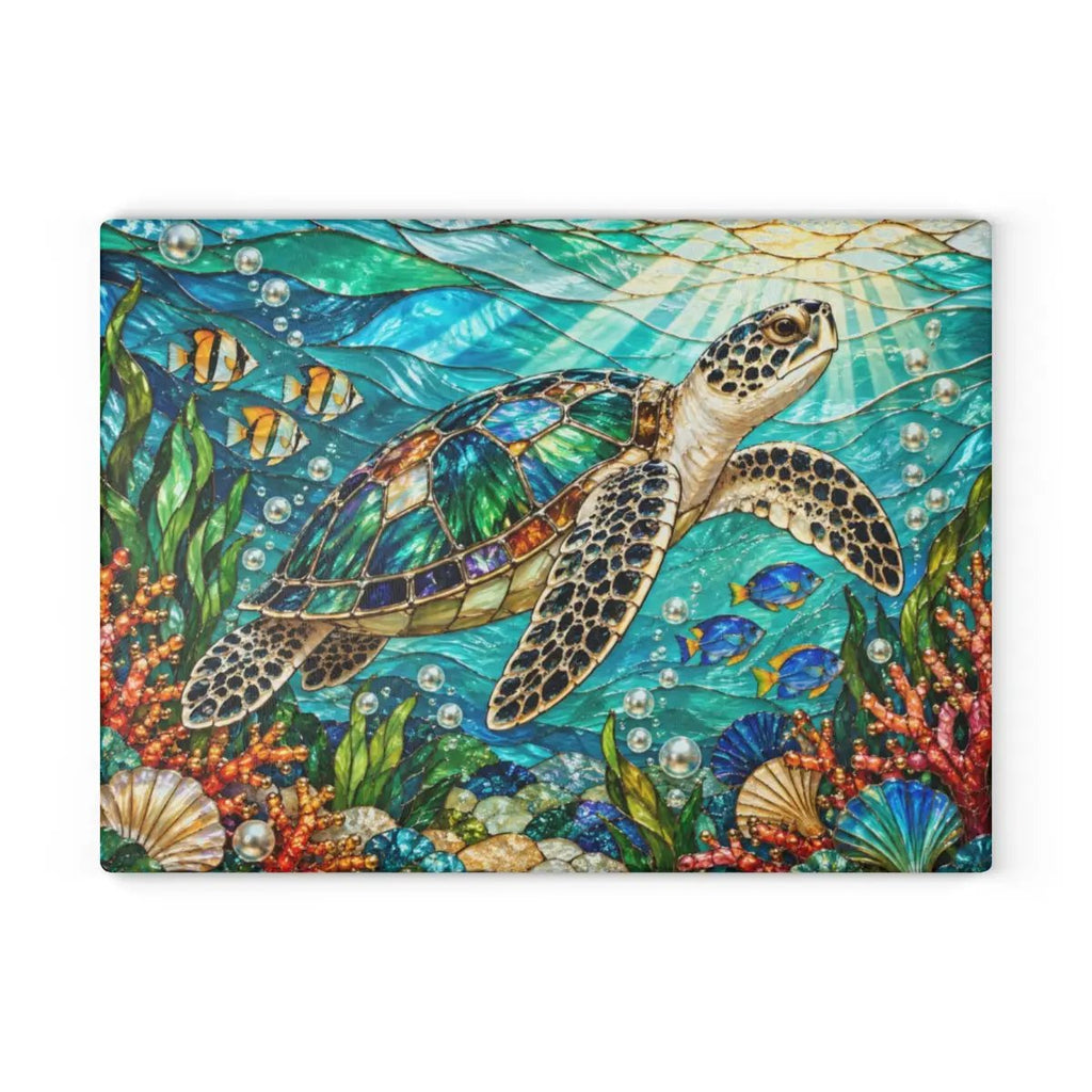 Sea Turtle Cutting Board, Ocean Kitchen Decor, Underwater Glass Chopping Board, Coastal Beach House Gift, Marine Life Kitchen Accent