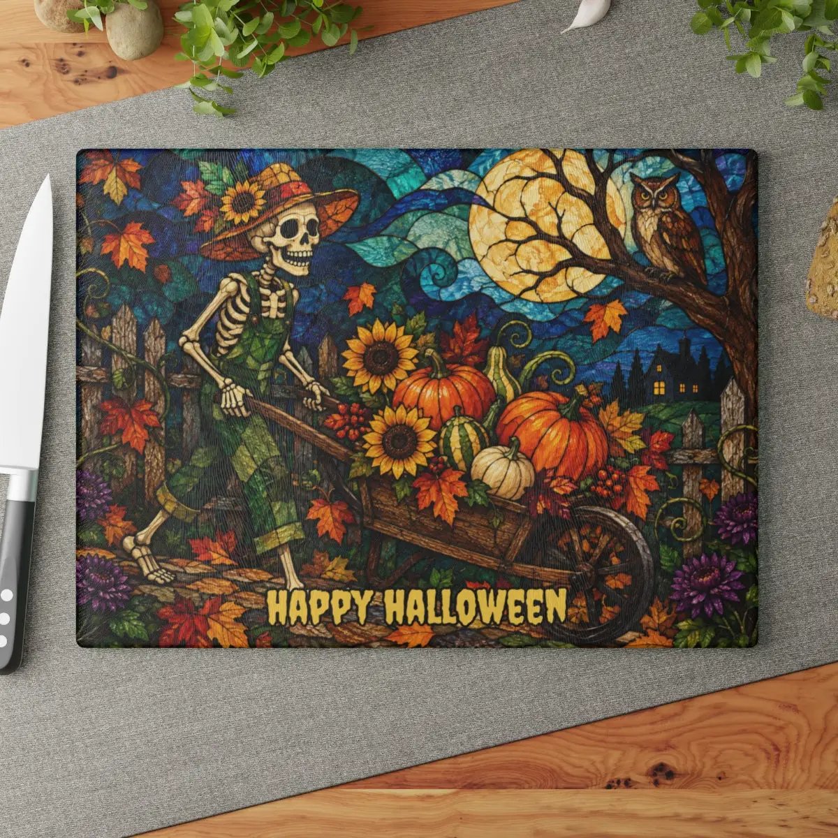 Halloween Personalized Glass Cutting Board, Spooky Pumpkin Farmhouse Kitchen Decor