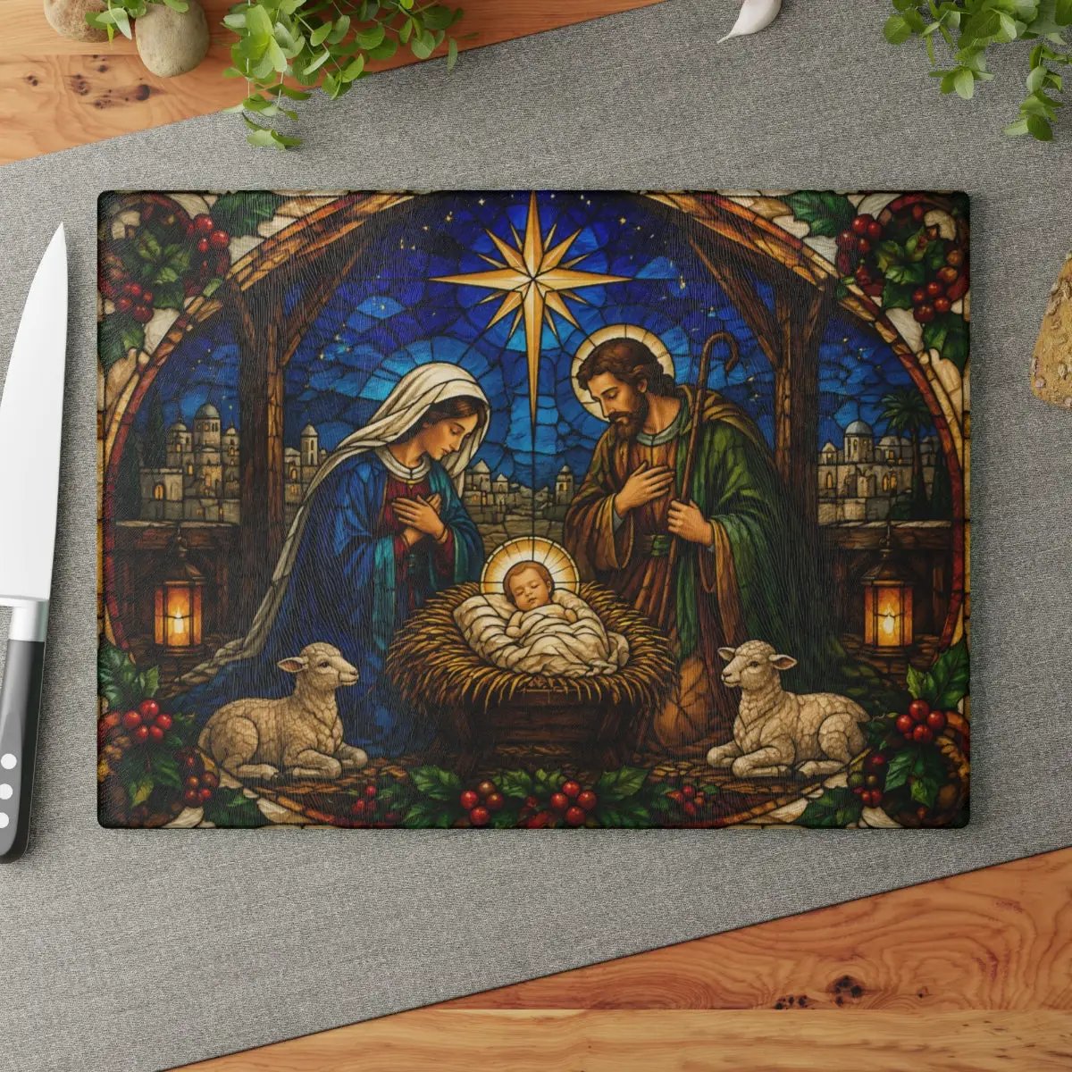 Nativity Glass Cutting Board, Christian Christmas Decor, Manger Scene Cutting Board, Religious Christmas Gift, Stained Glass Nativity