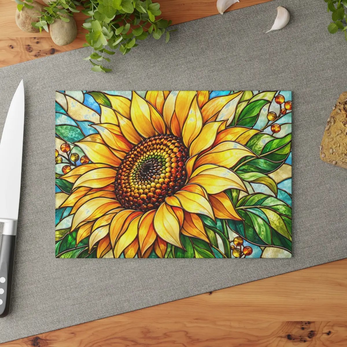 Sunflower Glass Cutting Board, Stained Glass Floral Kitchen Decor, Yellow Flower Chopping Board, Gift for Mom, Housewarming Gift