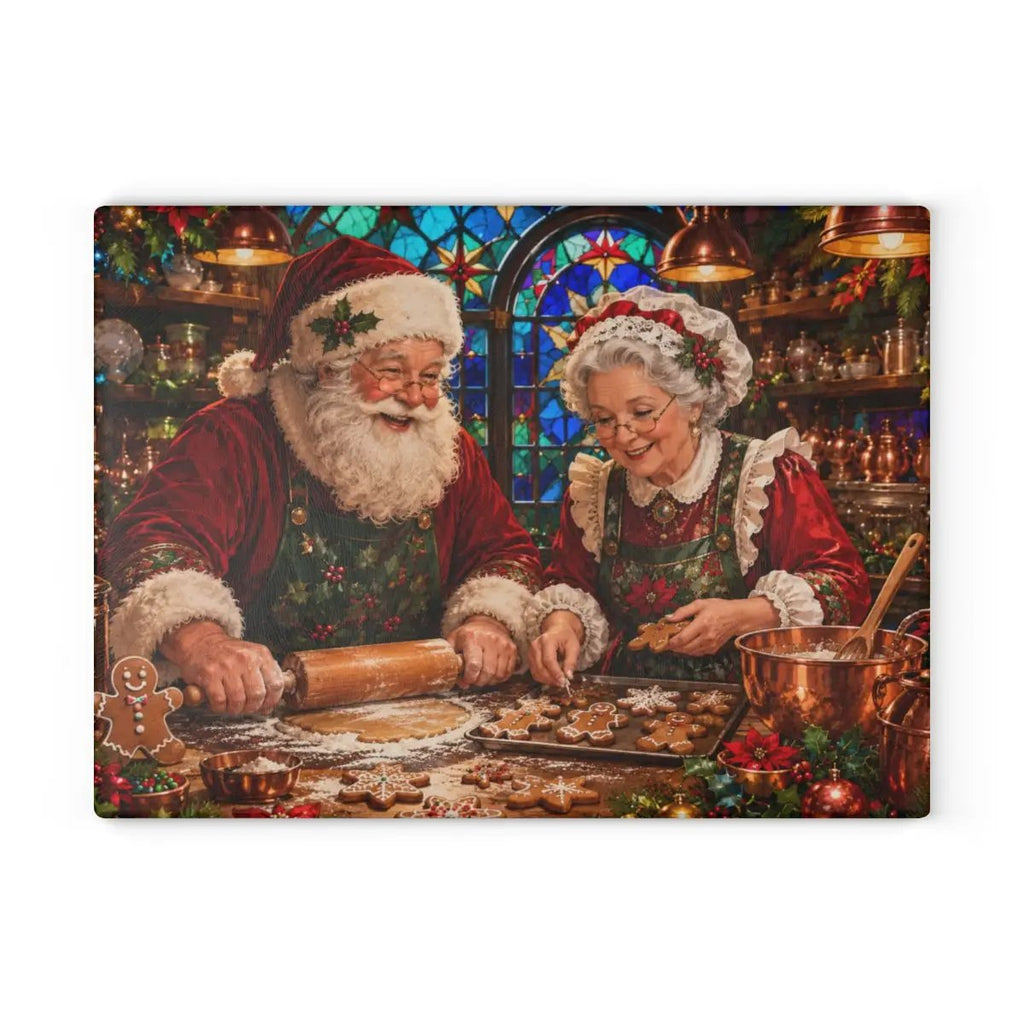 Santa and Mrs Claus Glass Cutting Board, Christmas Baking Decor, Gingerbread Kitchen Decor, Stained Glass Christmas Gift, Holiday Board
