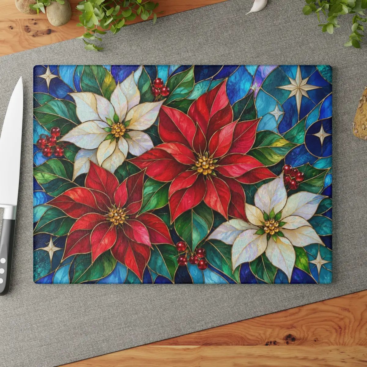 Christmas Poinsettia Glass Cutting Board, Stained Glass Floral Kitchen Decor, Holiday Serving Board, Festive Christmas Kitchen Gift