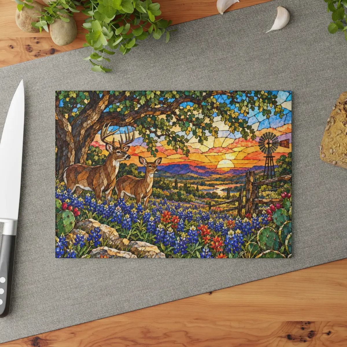 White Tailed Deer Glass Cutting Board, Texas Bluebonnet Kitchen Decor, Whitetail Buck Gift, Western Wildlife Art, Ranch House Decor