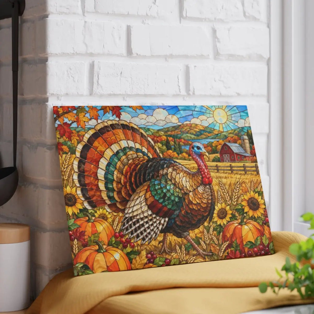 Thanksgiving Turkey Glass Cutting Board, Farmhouse Fall Kitchen Decor, Harvest Turkey Chopping Board, Autumn Hostess Gift