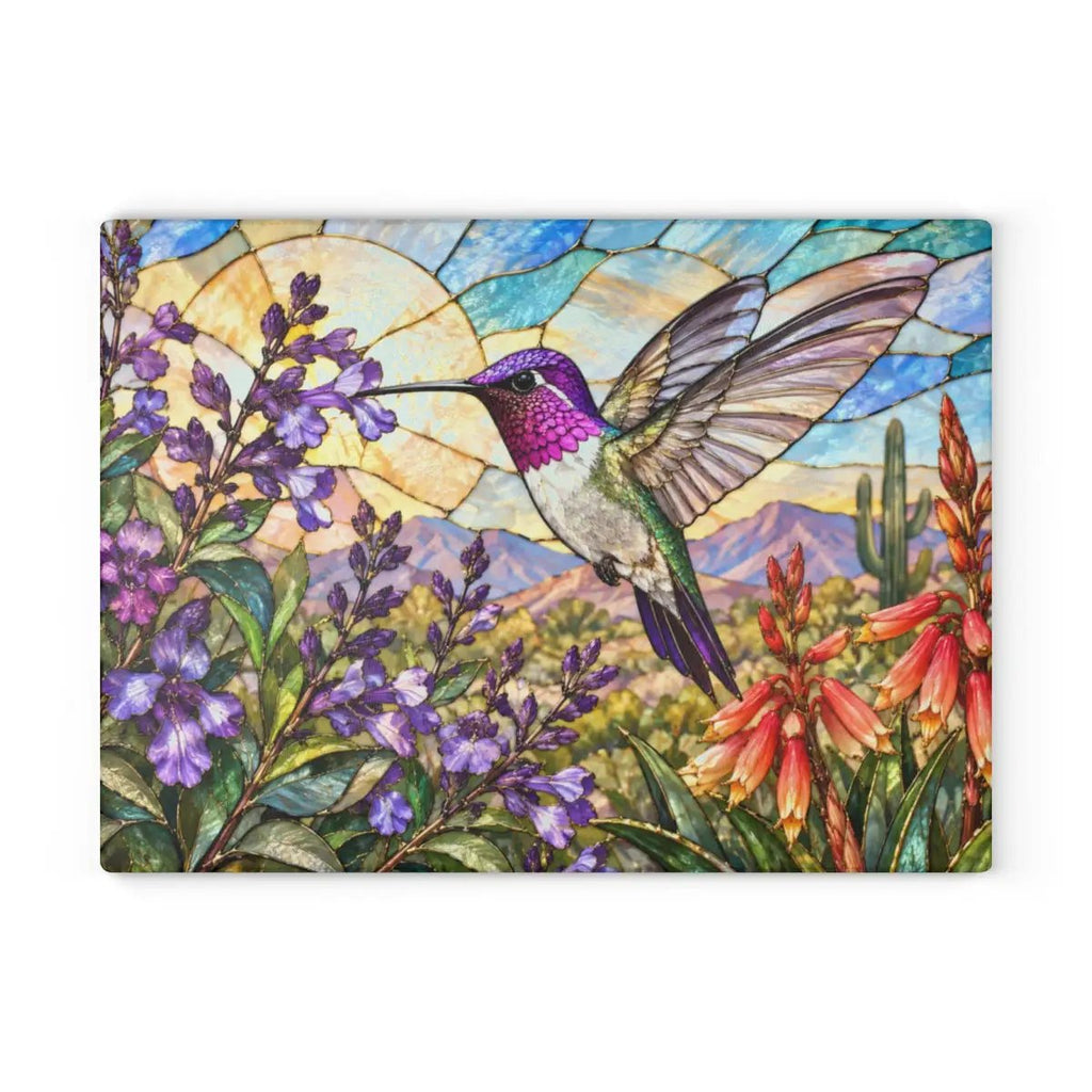 Hummingbird Cutting Board, Stained Glass Hummingbird Decor, Desert Wildflower Kitchen Decor, Bird Lover Gift, Southwest Decor
