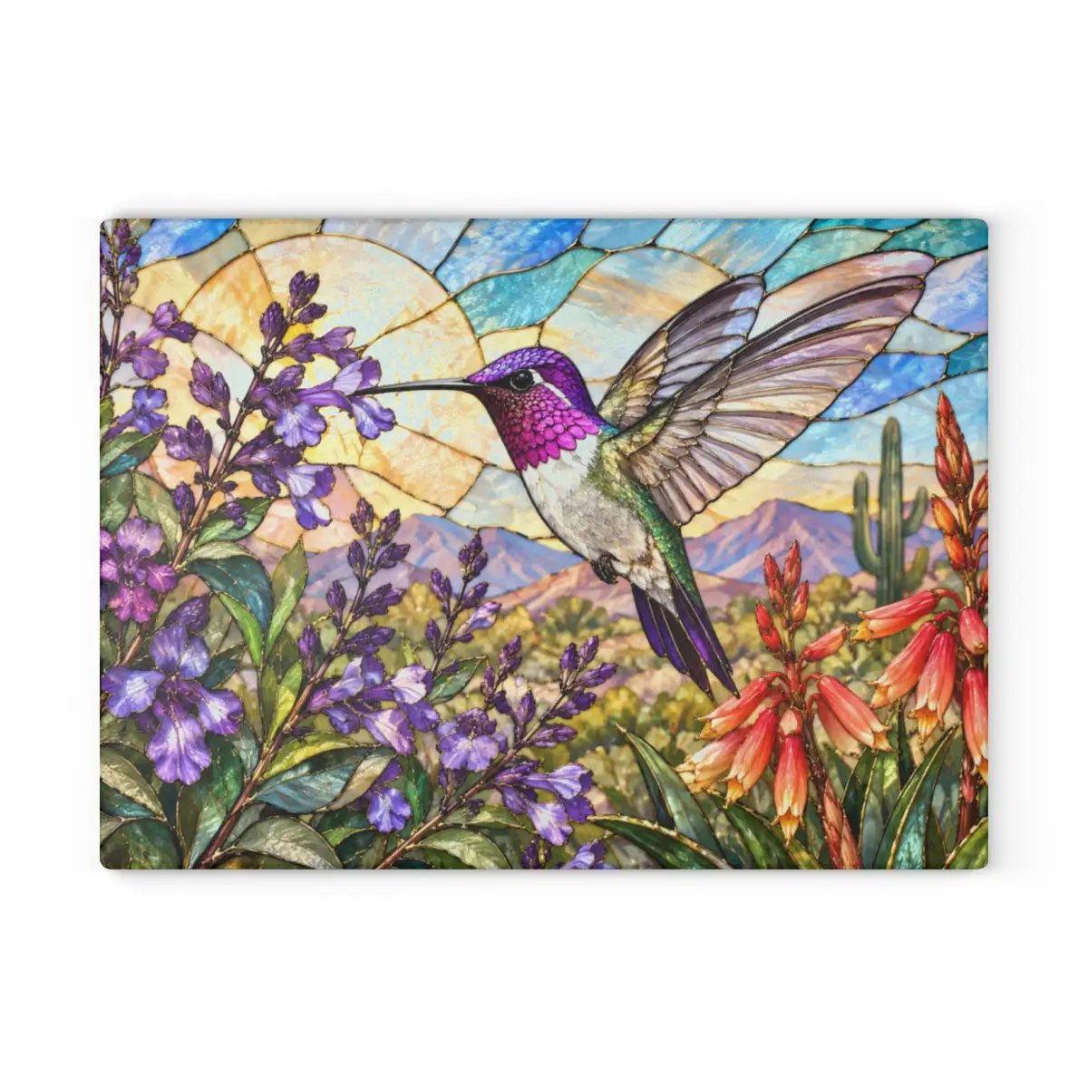 Hummingbird Cutting Board, Stained Glass Hummingbird Decor, Desert Wildflower Kitchen Decor, Bird Lover Gift, Southwest Decor