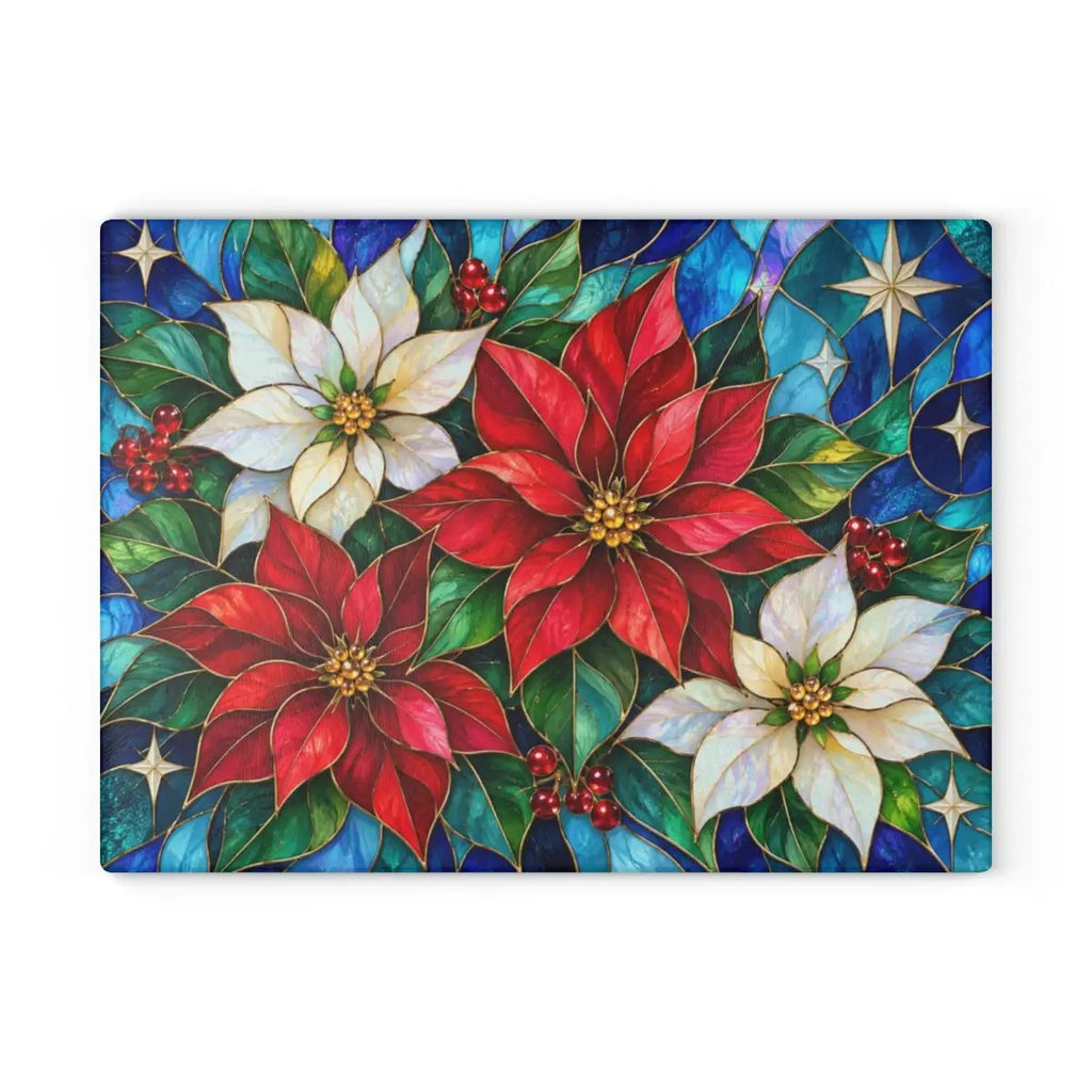 Christmas Poinsettia Glass Cutting Board, Stained Glass Floral Kitchen Decor, Holiday Serving Board, Festive Christmas Kitchen Gift