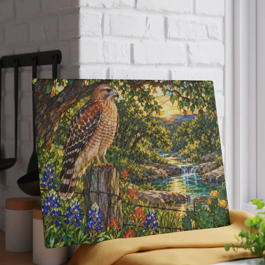 Red-Shouldered Hawk Glass Cutting Board, Bird Lover Kitchen Decor, Wildlife Art Chopping Board, Nature-Inspired Hostess Gift for Birdwatcher