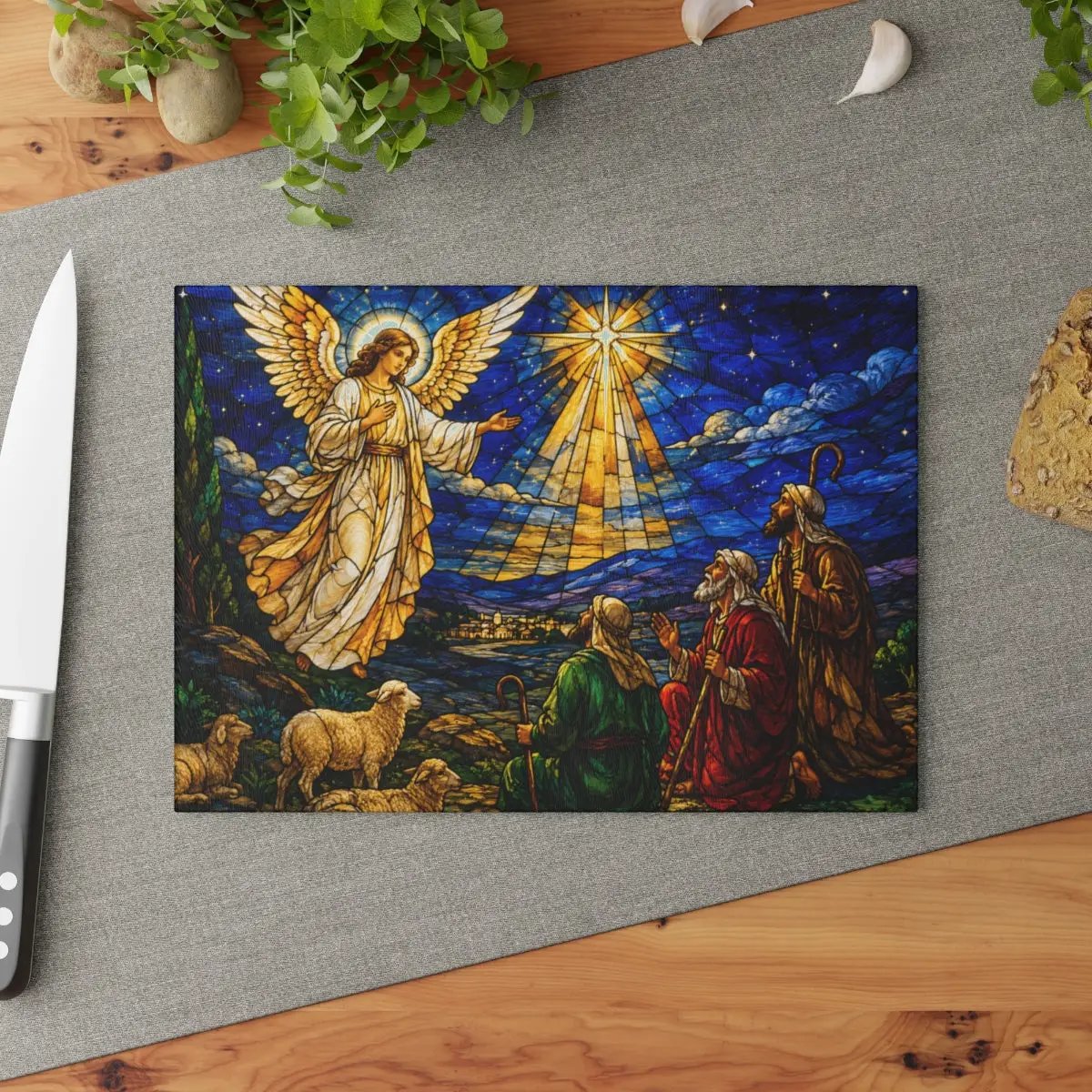 Angel and Shepherds Glass Cutting Board, Christian Christmas Gift, Nativity Kitchen Decor, Religious Christmas Decor, Stained Glass Art
