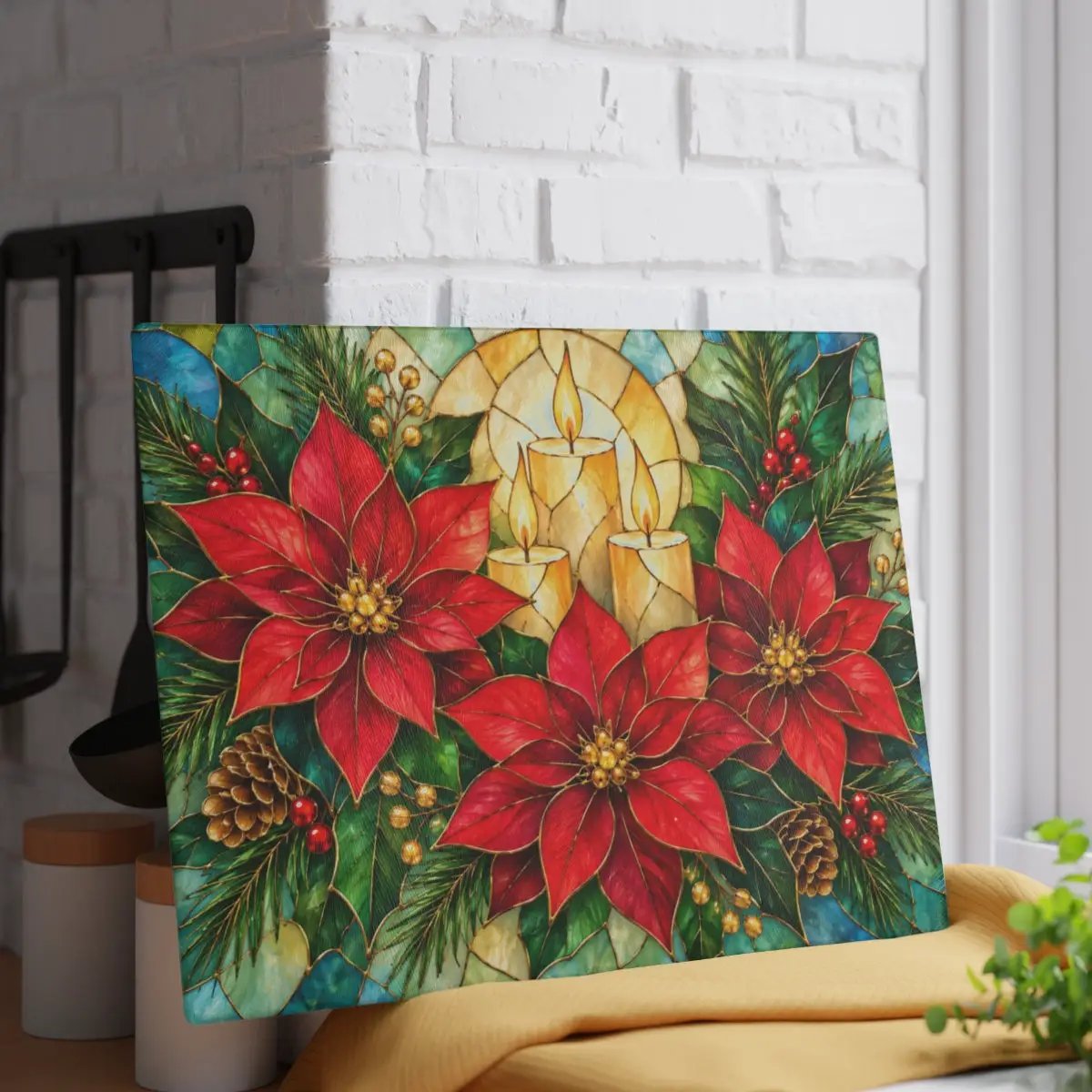 Christmas Poinsettia Glass Cutting Board, Holiday Candle Kitchen Decor, Tempered Chopping Board, Festive Winter Kitchen Gift Idea