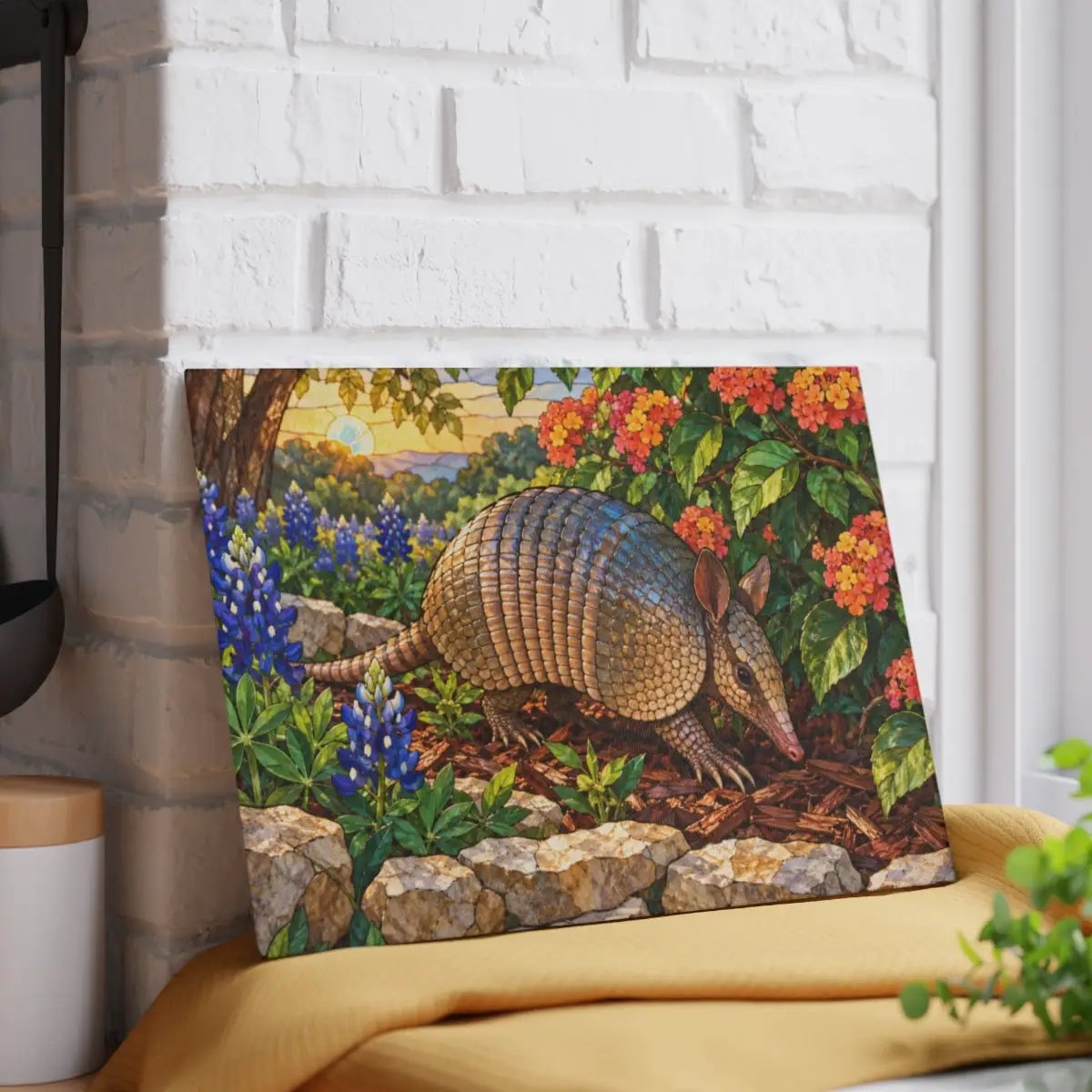 Armadillo Glass Cutting Board, Texas Kitchen Decor, Bluebonnet Armadillo Gift, Stained Glass Style Wildlife Art, Texas Housewarming Gift