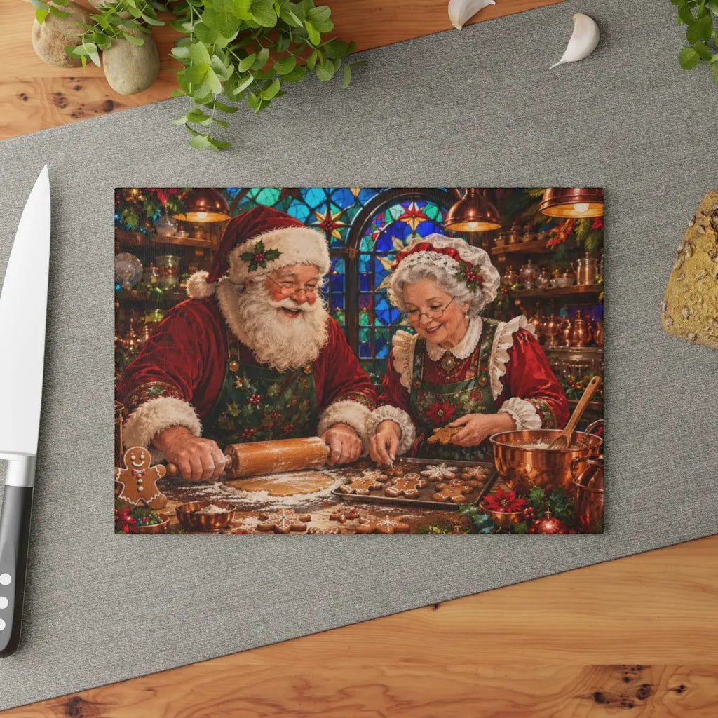Santa and Mrs Claus Glass Cutting Board, Christmas Baking Decor, Gingerbread Kitchen Decor, Stained Glass Christmas Gift, Holiday Board