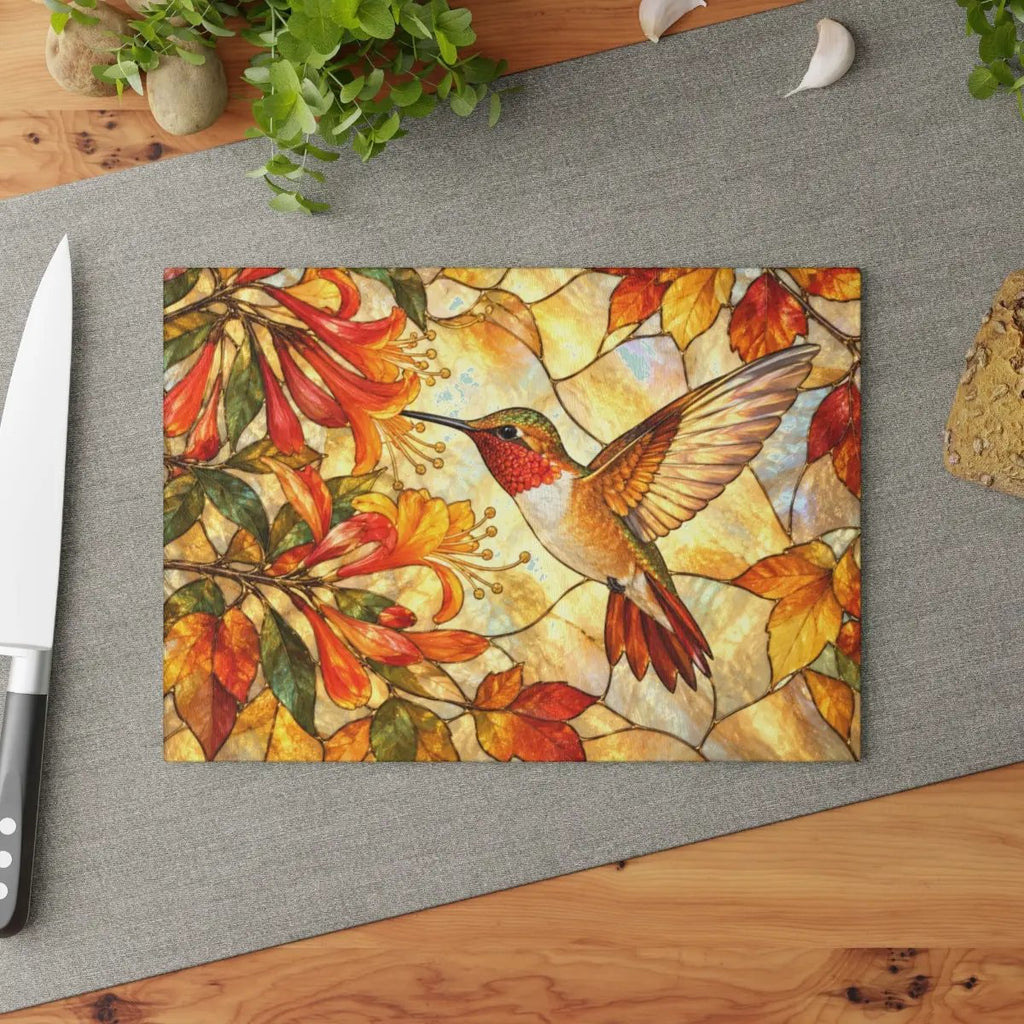 Hummingbird Cutting Board, Stained Glass Hummingbird Decor, Autumn Floral Kitchen Decor, Bird Lover Gift, Fall Hostess Gift