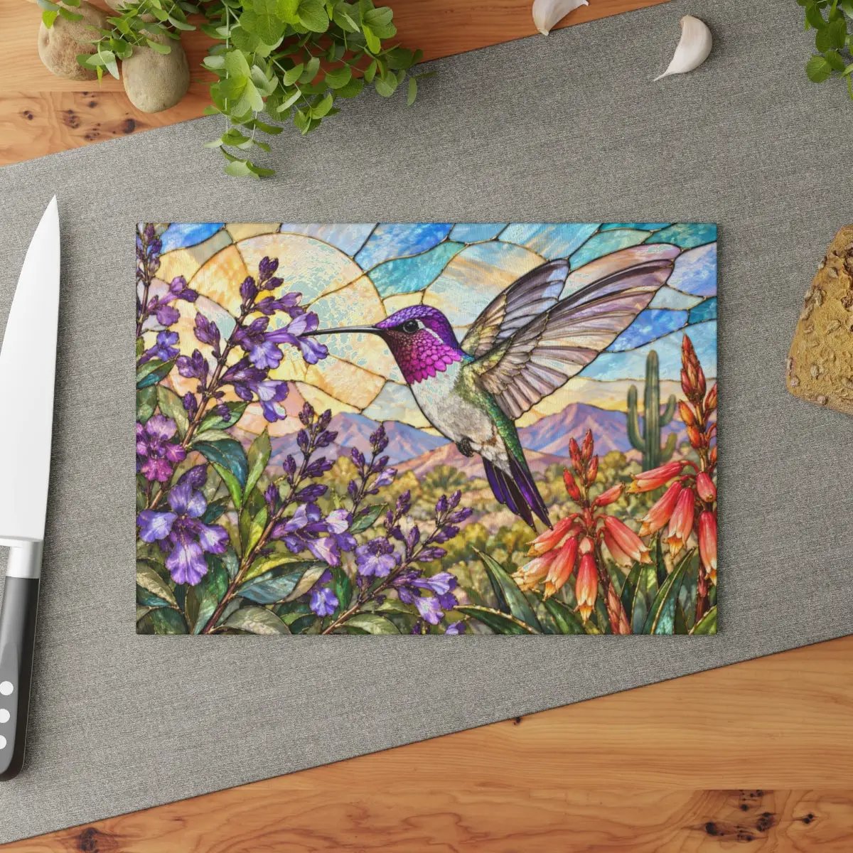 Hummingbird Cutting Board, Stained Glass Hummingbird Decor, Desert Wildflower Kitchen Decor, Bird Lover Gift, Southwest Decor