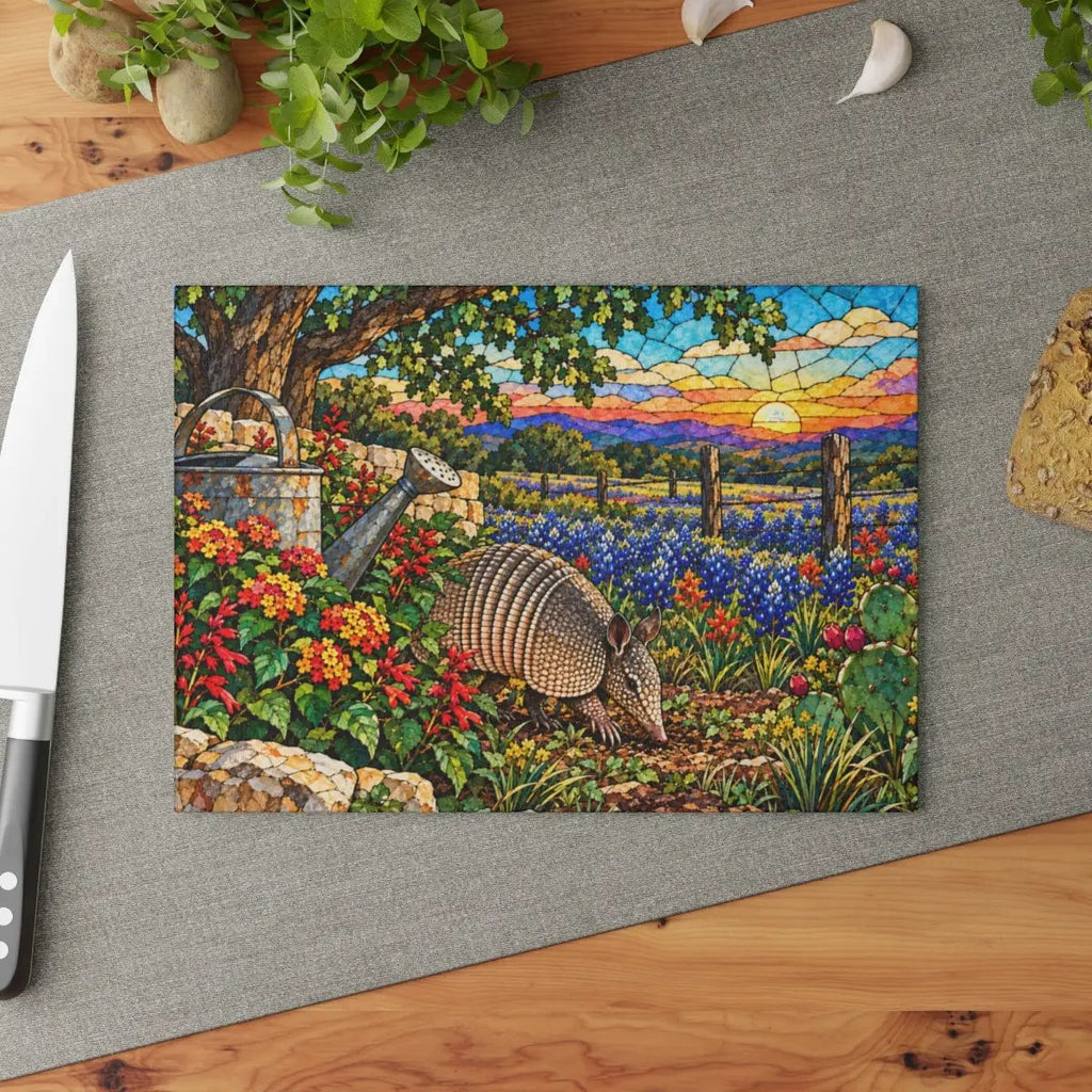 Texas Armadillo Glass Cutting Board, Bluebonnet Kitchen Decor, Stained Glass Style Texas Wildlife Gift, Country Garden Housewarming Gift