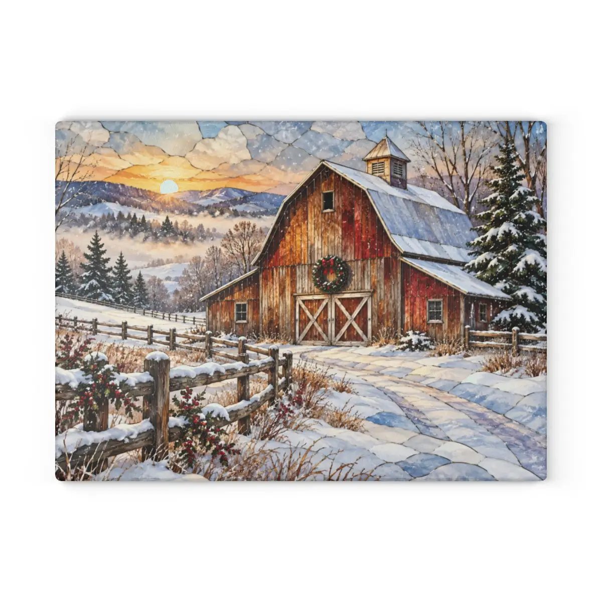 Personalized Winter Barn Cutting Board, Country Farmhouse Kitchen Decor, Stained Glass Farm Scene, Rustic Christmas Gift, Custom Family Gift