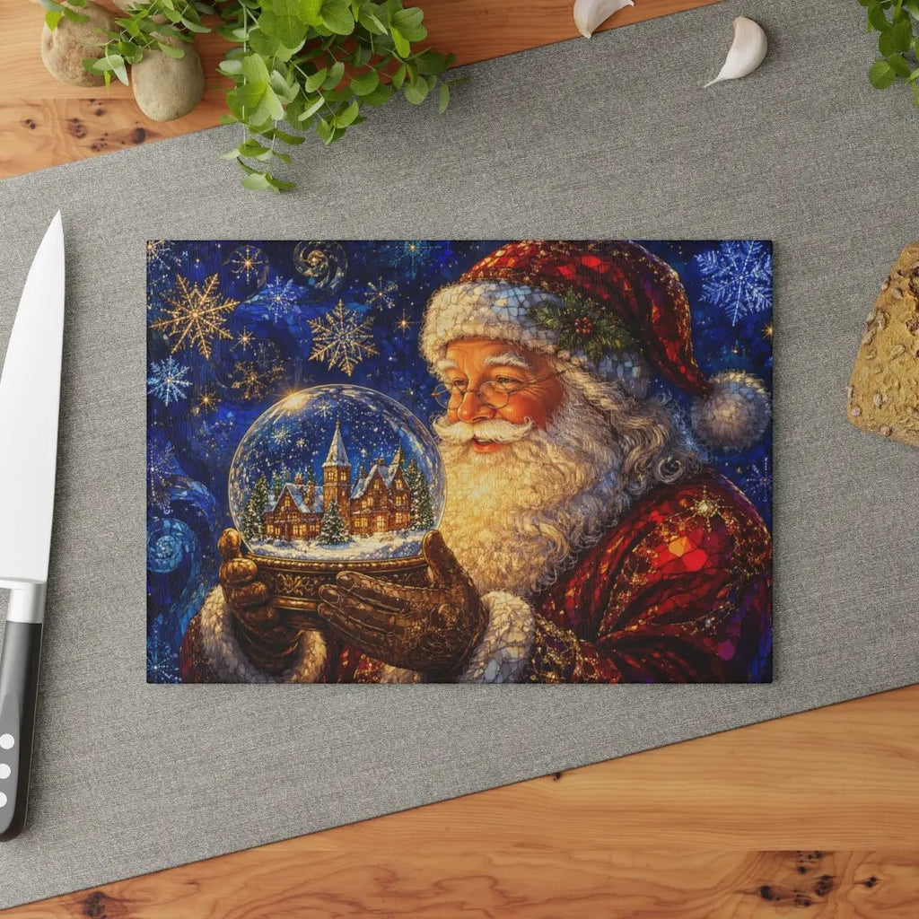 Santa Snow Globe Glass Cutting Board, Stained Glass Christmas Decor, Santa Claus Kitchen Gift, Holiday Serving Board, Christmas Gift