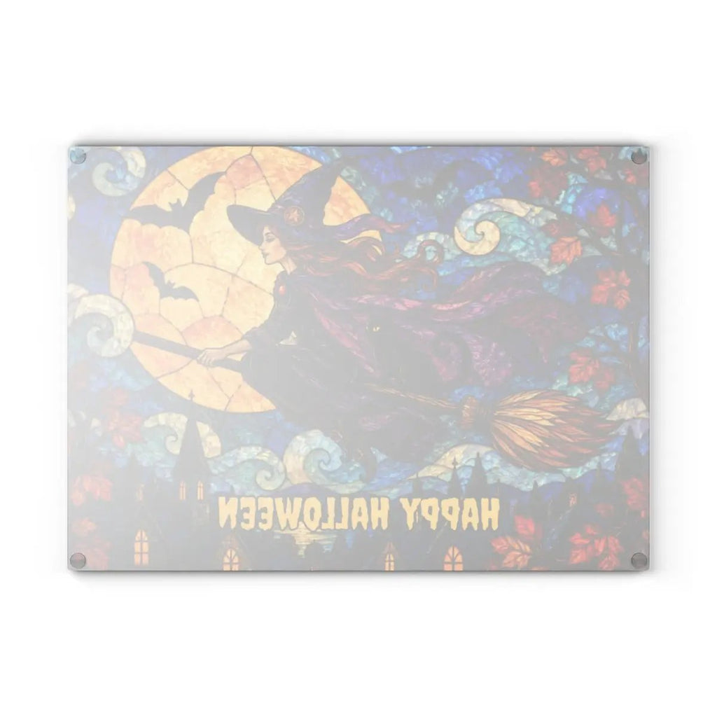 Halloween Flying Witch Personalized Glass Cutting Board, Spooky Pumpkin Kitchen Decor