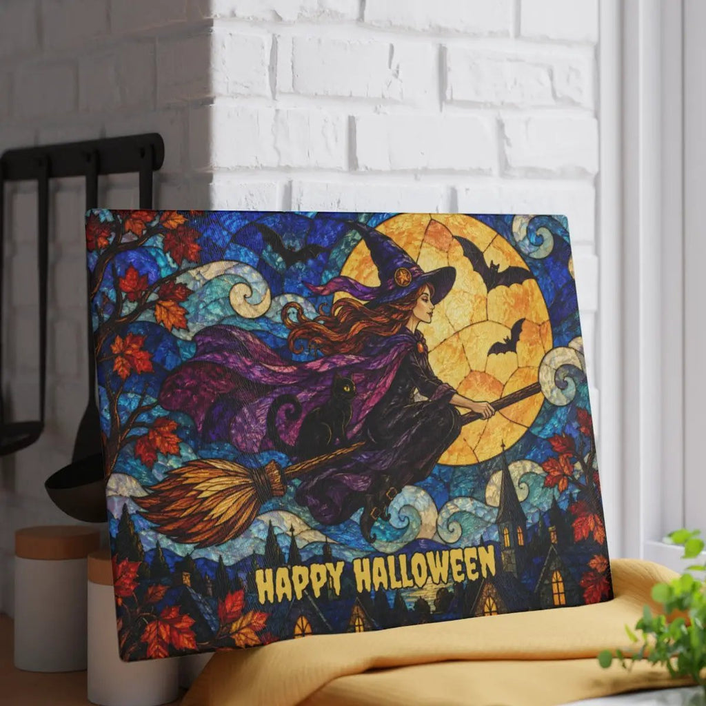 Halloween Flying Witch Personalized Glass Cutting Board, Spooky Pumpkin Kitchen Decor