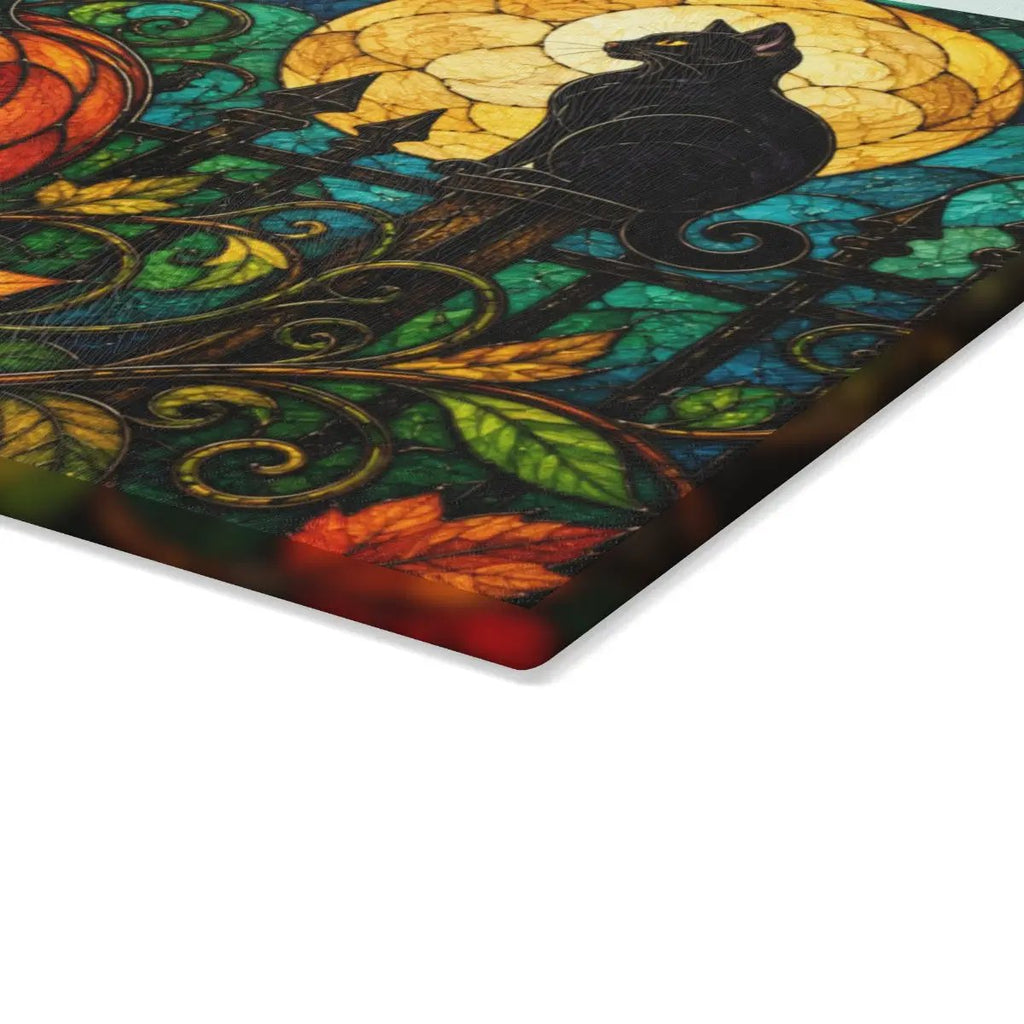 Halloween Black Cat and Jack-O-Lantern Personalized Glass Cutting Board, Spooky Pumpkin Kitchen Decor