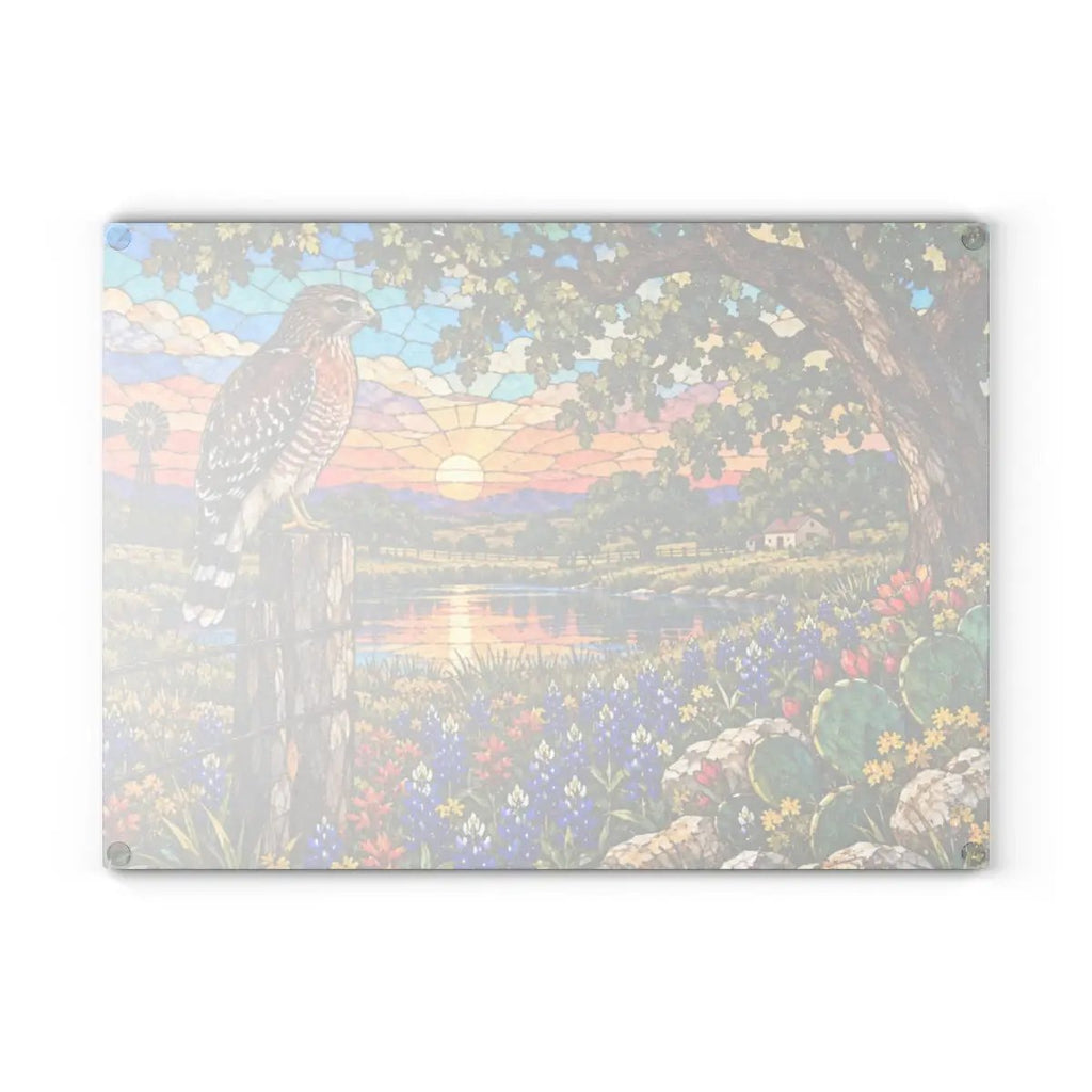 Red Shouldered Hawk Glass Cutting Board, Texas Wildlife Kitchen Decor, Bluebonnet Hawk Art, Bird Lover Gift, Rustic Texas Gift