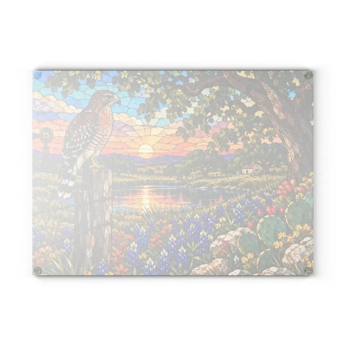 Red Shouldered Hawk Glass Cutting Board, Texas Wildlife Kitchen Decor, Bluebonnet Hawk Art, Bird Lover Gift, Rustic Texas Gift