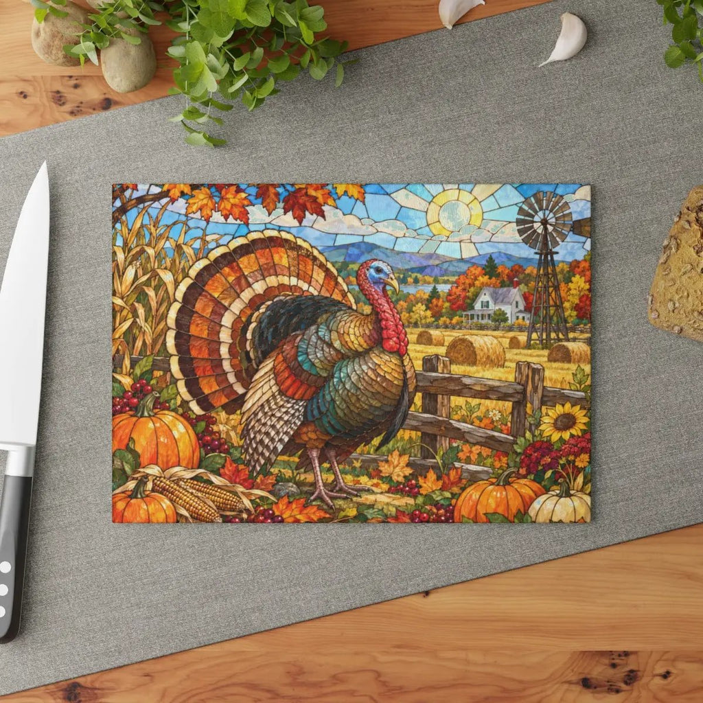 Thanksgiving Turkey Glass Cutting Board, Farmhouse Fall Kitchen Decor, Country Harvest Turkey Cutting Board, Autumn Kitchen Gift