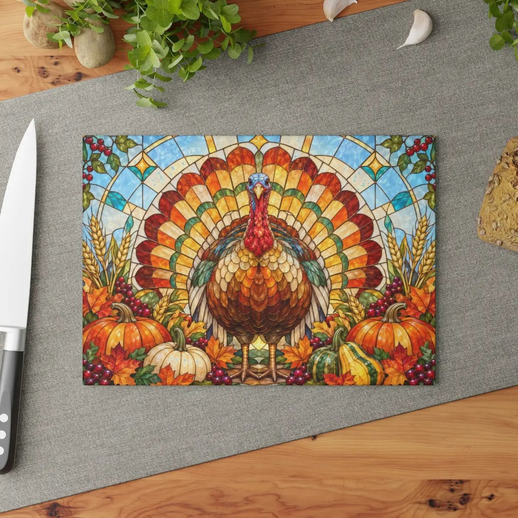 Thanksgiving Turkey Glass Cutting Board, Stained Glass Turkey Kitchen Decor, Fall Harvest Chopping Board, Thanksgiving Gift