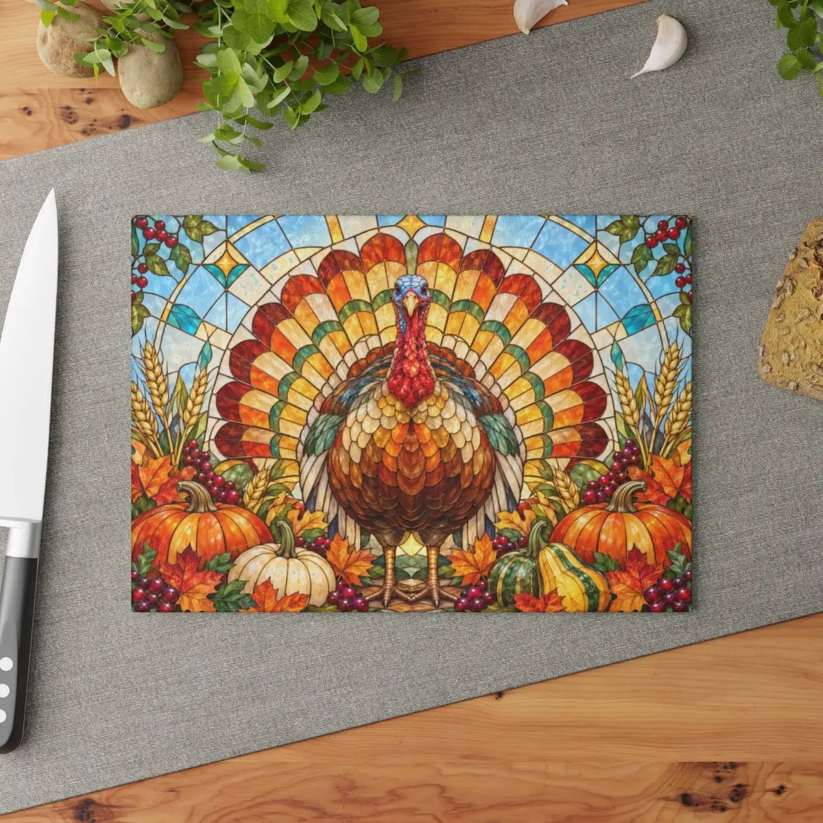 Thanksgiving Turkey Glass Cutting Board, Stained Glass Turkey Kitchen Decor, Fall Harvest Chopping Board, Thanksgiving Gift