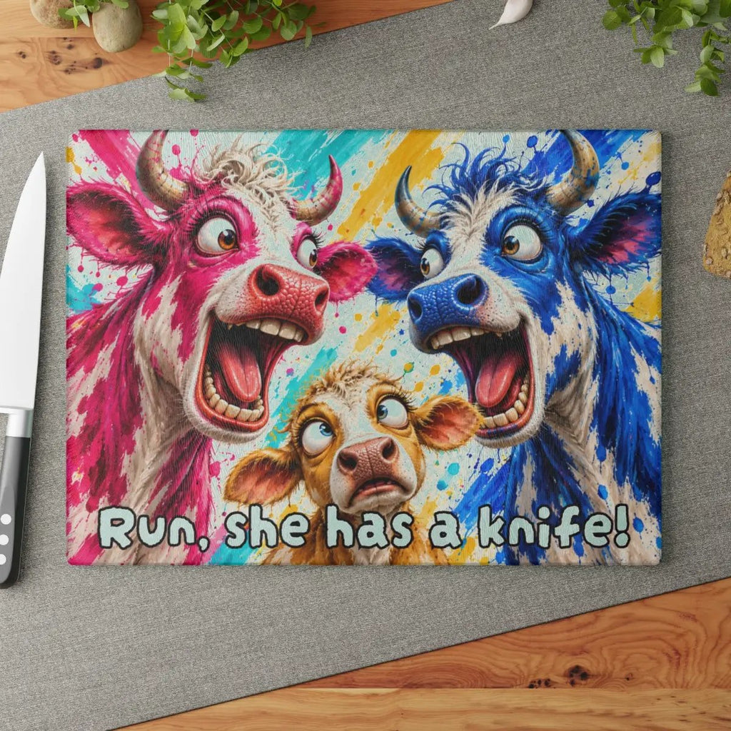 Funny Cow Family Cutting Board, Screaming Cow Kitchen Decor, Colorful Farmhouse Gift, Cow Lover Glass Cutting Board
