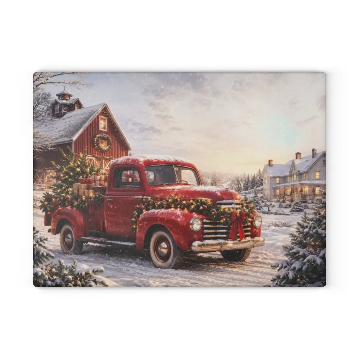 Christmas Glass Cutting Board, Red Vintage Truck Christmas Decor, Snowy Farmhouse Kitchen Decor, Rustic Holiday Gift